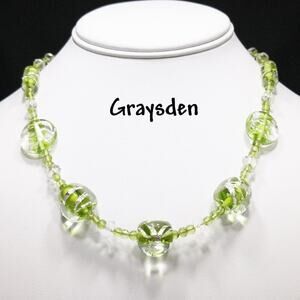 Graysden Green Gemstone Art Glass Bead Necklace, 17 Inch, Silver Butterfly Clasp
